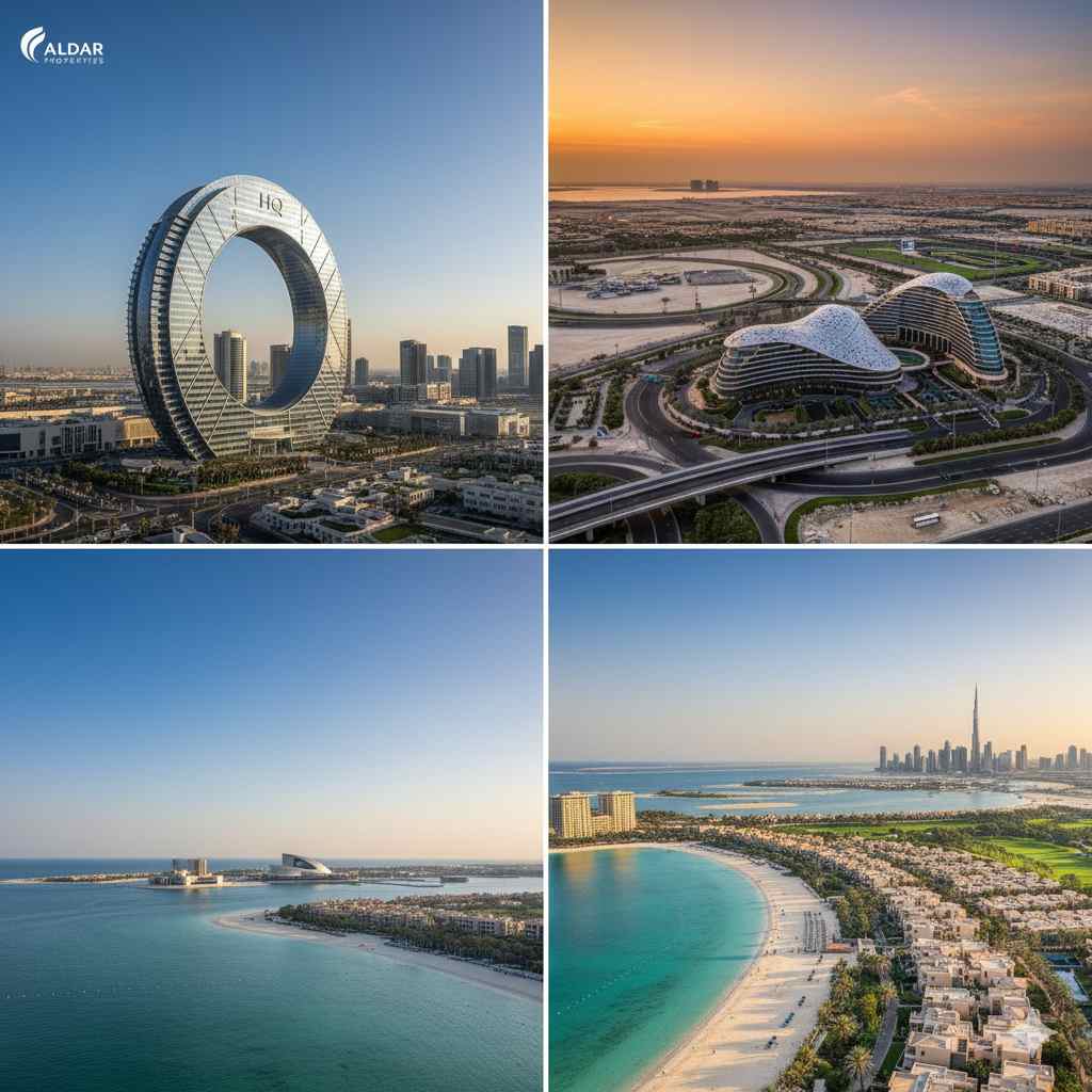 The iconic circular Aldar Headquarters building, known as the "Coin Building," standing on the Al Raha Beach coastline in Abu Dhabi