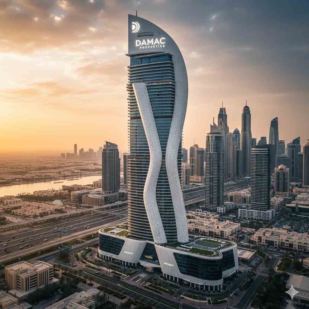 A luxury high-rise residential building in Dubai featuring a prominent Damac Properties logo on the exterior facade